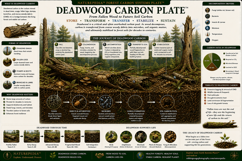 Deadwood Carbon Plate showing fallen logs, standing snags, fungi, insects, microbial decomposition, forest floor, nutrient cycling, and soil carbon formation.