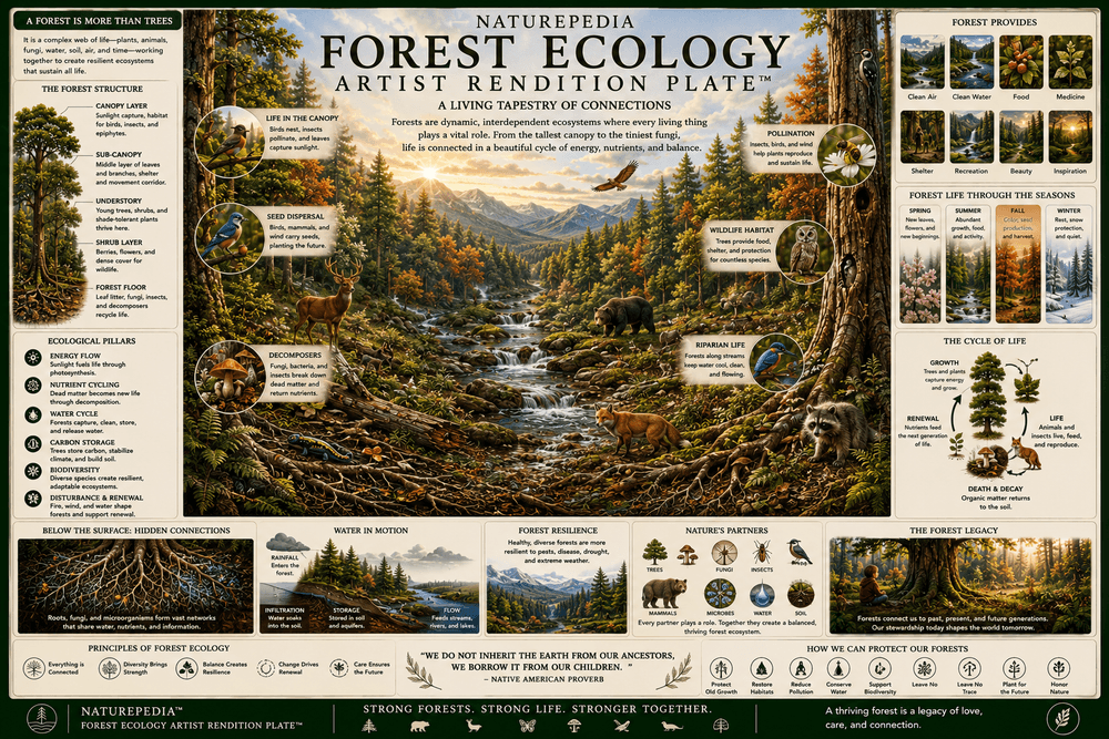 Forest Ecology Artist Rendition Plate showing symbolic forest layers, canopy, understory, wildlife, fungi, soil, water, fallen wood, carbon, and seasonal ecology by Robbie George