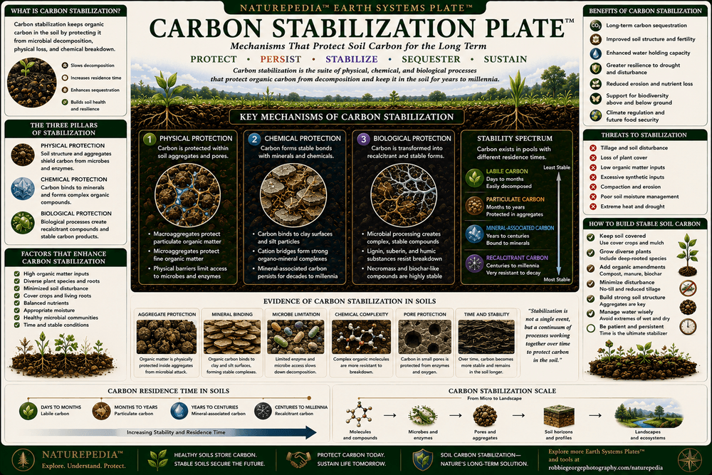 Carbon Stabilization Plate showing mineral-associated organic carbon, soil aggregates, microbial residues, humus, clay minerals, fungi, and long-term carbon protection within healthy soils.