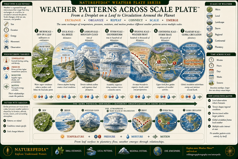 Weather Patterns Across Scale Plate showing dew on a leaf, a sea breeze, mountain clouds, a thunderstorm, weather fronts, continental storm tracks, and global atmospheric circulation as examples of weather organization from microscopic to planetary scales.