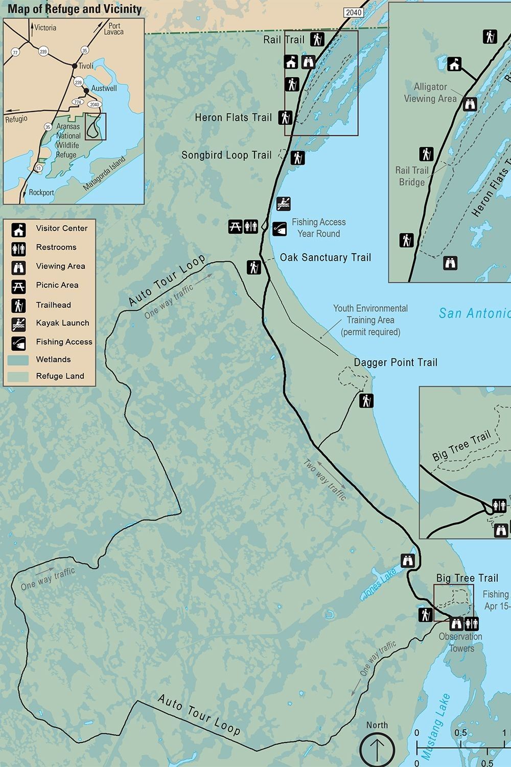 Map of Aransas National Wildlife Refuge showing auto tour loop, Heron Flats, Big Tree Trail, and coastal observation areas along the Texas Gulf Coast