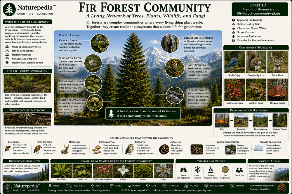 Fir Forest Community Plate showing spruce fir forests, fungi, mosses, lichens, wildlife corridors, alpine meadows, watersheds, and mountain forest communities by Robbie George