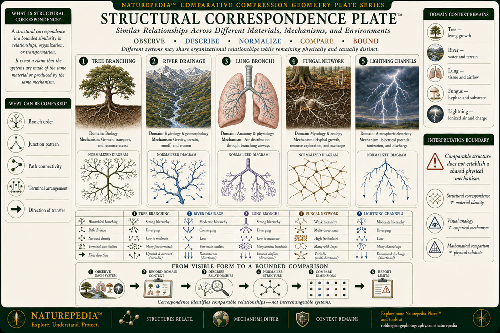 Structural Correspondence Plate comparing branching organization in trees, river drainage networks, human lungs, fungal mycelia, and lightning while explaining that comparable structure does not establish material identity or a shared physical mechanism.