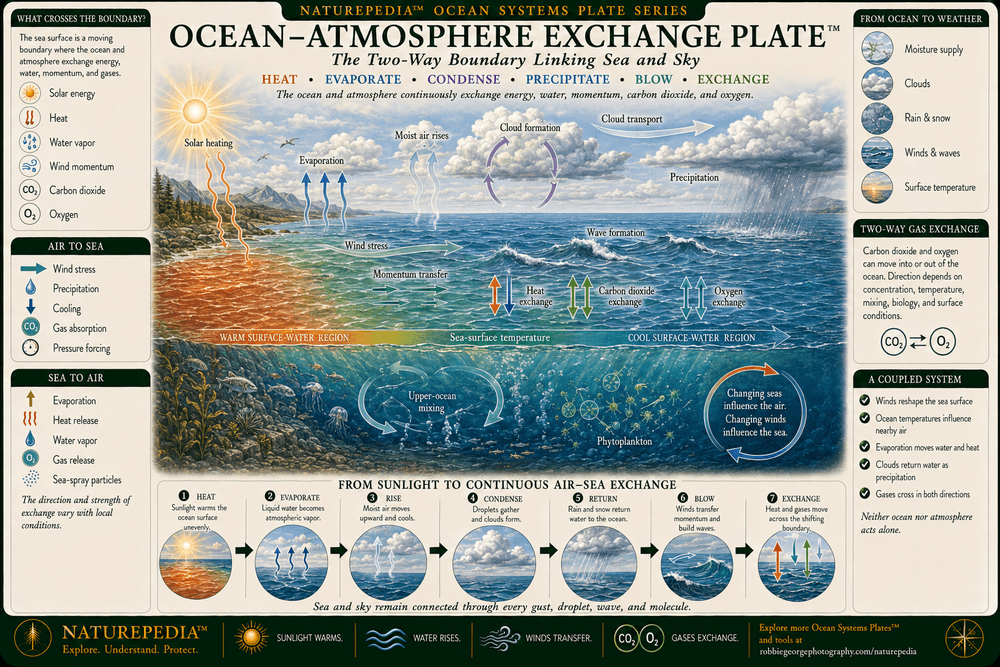Ocean–Atmosphere Exchange Plate showing solar heating, evaporation, cloud formation, precipitation, wind stress, waves, sea-surface temperature, heat exchange, carbon dioxide exchange, oxygen exchange, and upper-ocean mixing.
