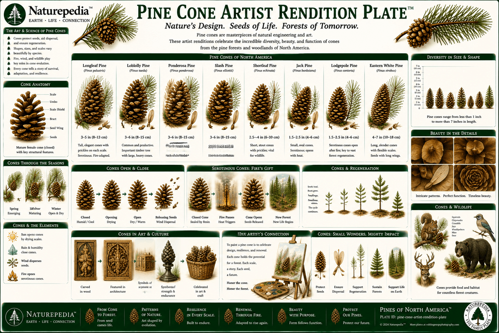 Pine Cone Artist Rendition Plate showing symbolic pine cones, seed scales, wind dispersal, birds, squirrels, seedlings, and evergreen forest regeneration by Robbie George