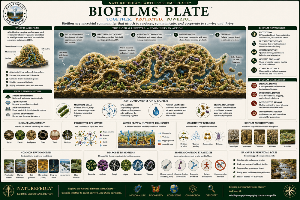 Biofilms Plate showing microbial colonies, extracellular matrix, community structure, and ecological functions
