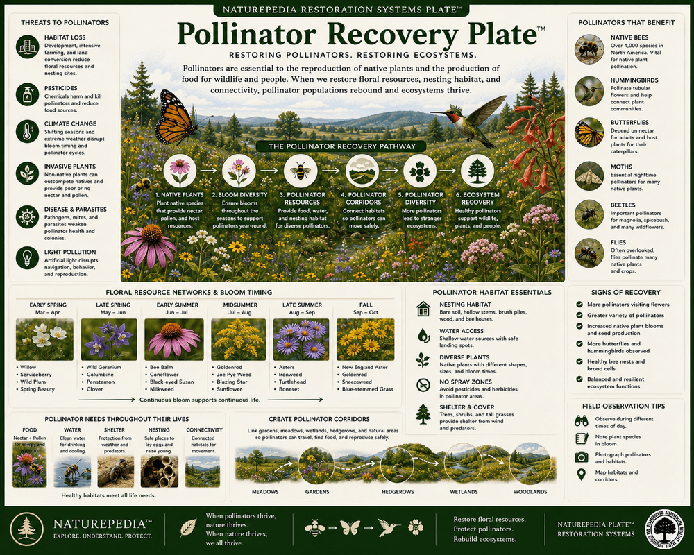 Pollinator Recovery Plate showing native flowers, bees, butterflies, hummingbirds, nectar resources, pollen pathways, host plants, bloom timing, and restored floral habitat by Robbie George