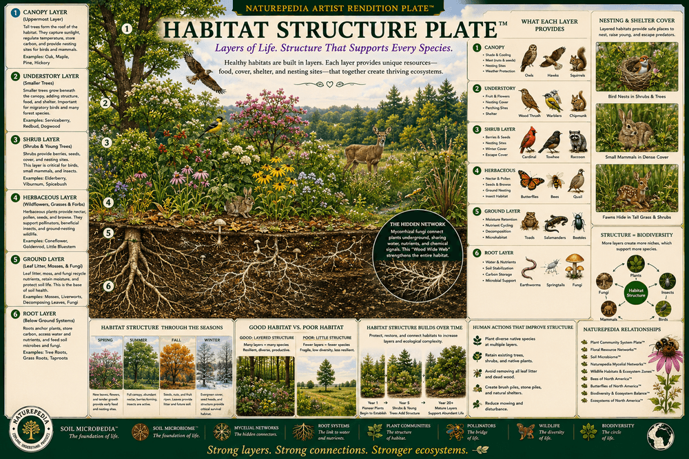 Habitat Structure Plate showing canopy, understory, shrub layer, ground cover, nesting zones, wildlife cover, and native habitat layers by Robbie George