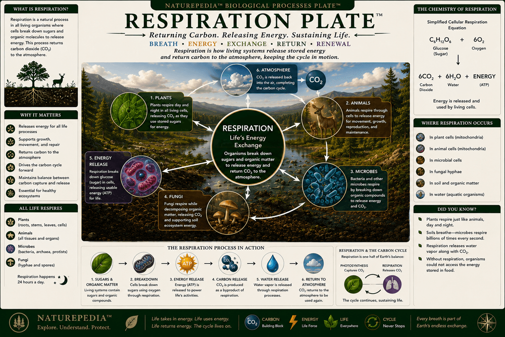 Respiration Plate showing how plants, animals, and microbes release carbon dioxide while generating energy