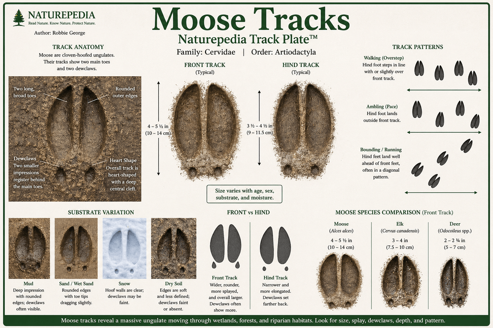 Moose track showing two long broad toes, rounded outer edges, deep central cleft, dewclaw impressions behind the main toes, and large cloven-hoof structure — Naturepedia Track Plate by Robbie George