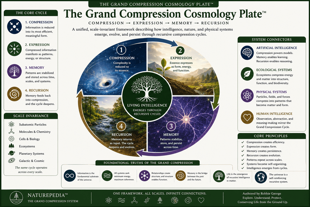 Grand Compression Cosmology Plate showing compression expression memory recursion scale invariance artificial intelligence ecological systems physical systems human intelligence and Naturepedia Grand Compression connections by Robbie George