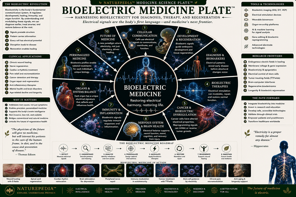 Bioelectric Medicine Plate showing pacemakers, neural stimulation, healing, diagnostics, regeneration, tissue repair, electrical signals, medical research, and future therapies