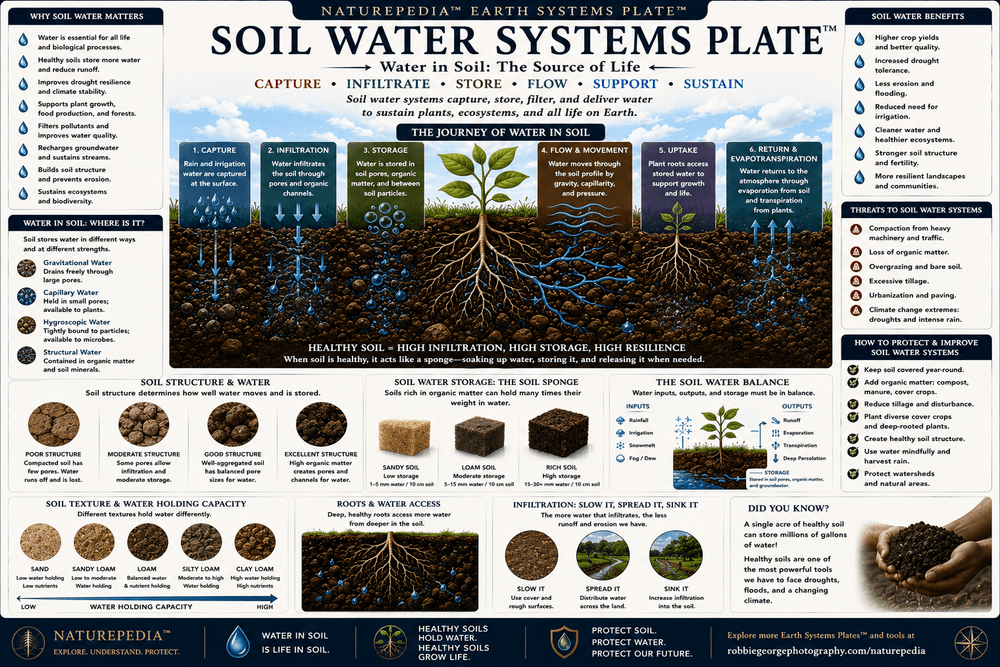 Soil Water Systems Plate showing rainfall, infiltration, soil moisture, water retention, root uptake, groundwater recharge, and water movement through living soil