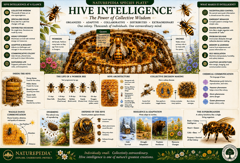 Hive Intelligence Plate showing queen bee, worker bees, drones, colony organization, swarm behavior, resource allocation, and distributed intelligence by Robbie George