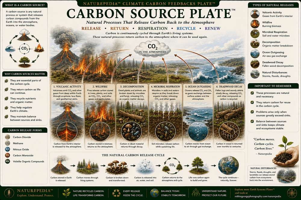 Carbon Source Plate showing wildfire, volcanic activity, decomposition, microbial respiration, ocean carbon exchange, and natural carbon returning to Earth's atmosphere.
