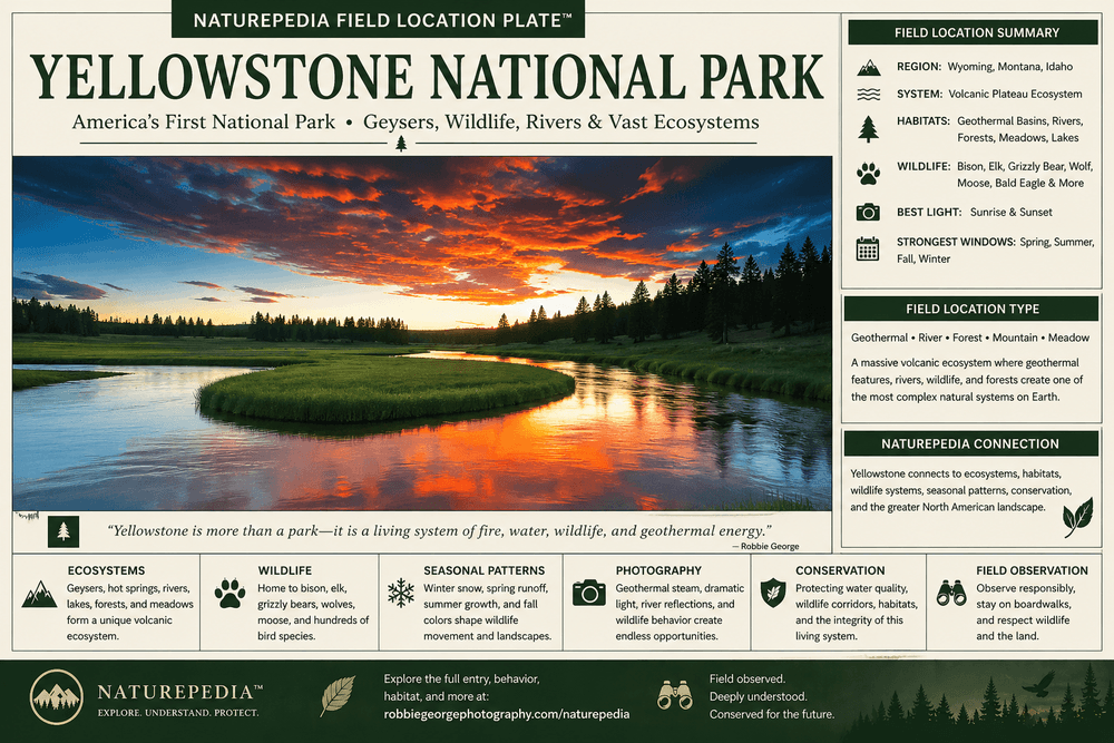 Yellowstone National Park Field Location Plate showing geothermal ecosystems, wolves, elk, bison, grizzly bears, rivers, seasonal patterns, photography conditions, conservation, and Naturepedia connections by Robbie George