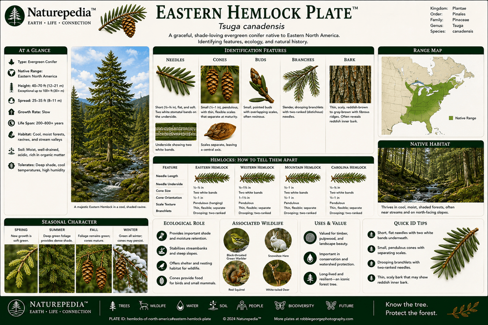 Eastern Hemlock Plate showing Tsuga canadensis, cool eastern forests, shaded ravines, stream corridors, wildlife habitat, and conservation ecology by Robbie George
