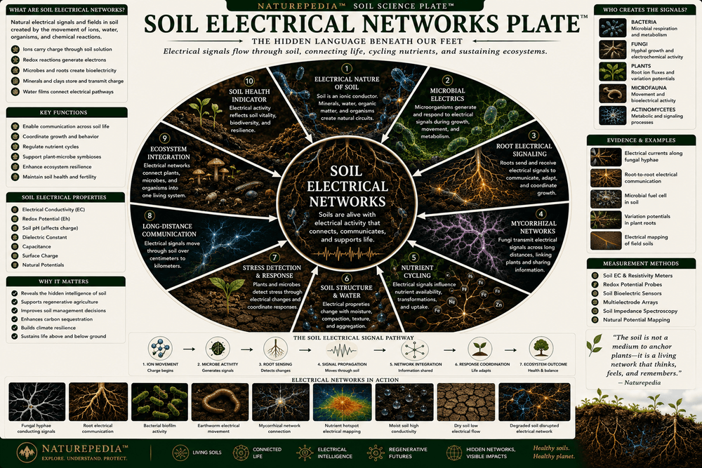 Soil Electrical Networks Plate showing roots, rhizosphere, microbes, mycorrhizae, nutrient flow, water movement, signaling, carbon, ecosystem feedbacks, and soil health