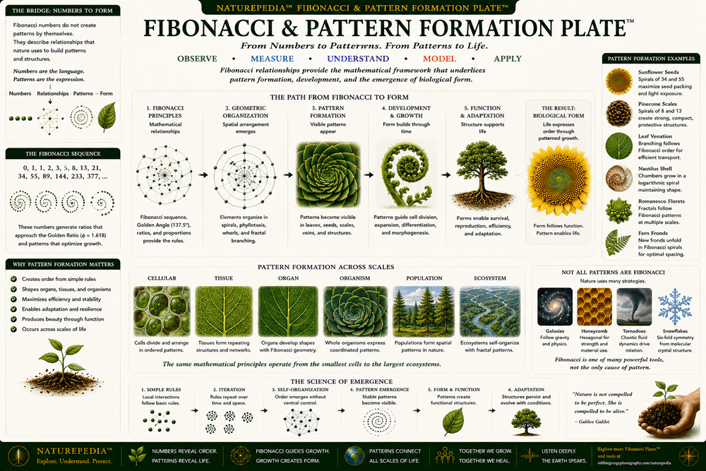 Fibonacci and Pattern Formation Plate illustrating Fibonacci sequence, plant development, morphogenesis, biological growth, recurring organization, and developmental pattern formation.