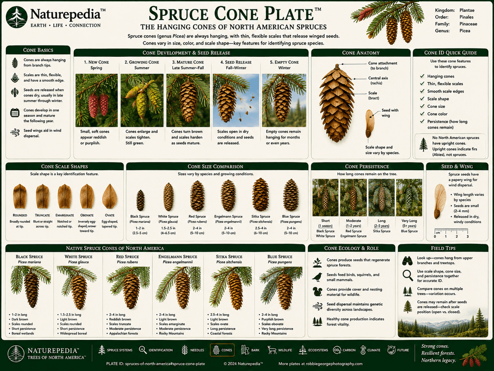 Spruce Cone Plate showing hanging spruce cones, thin cone scales, seed release, wind dispersal, cone variation, and northern forest regeneration by Robbie George