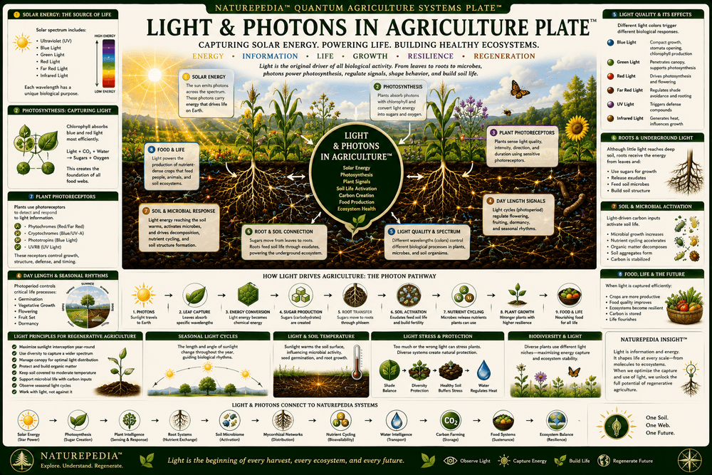 Light and Photons in Agriculture Plate showing sunlight, photons, photosynthesis, leaves, chlorophyll, plant growth, root sugars, soil microbes, carbon cycling, and regenerative farming