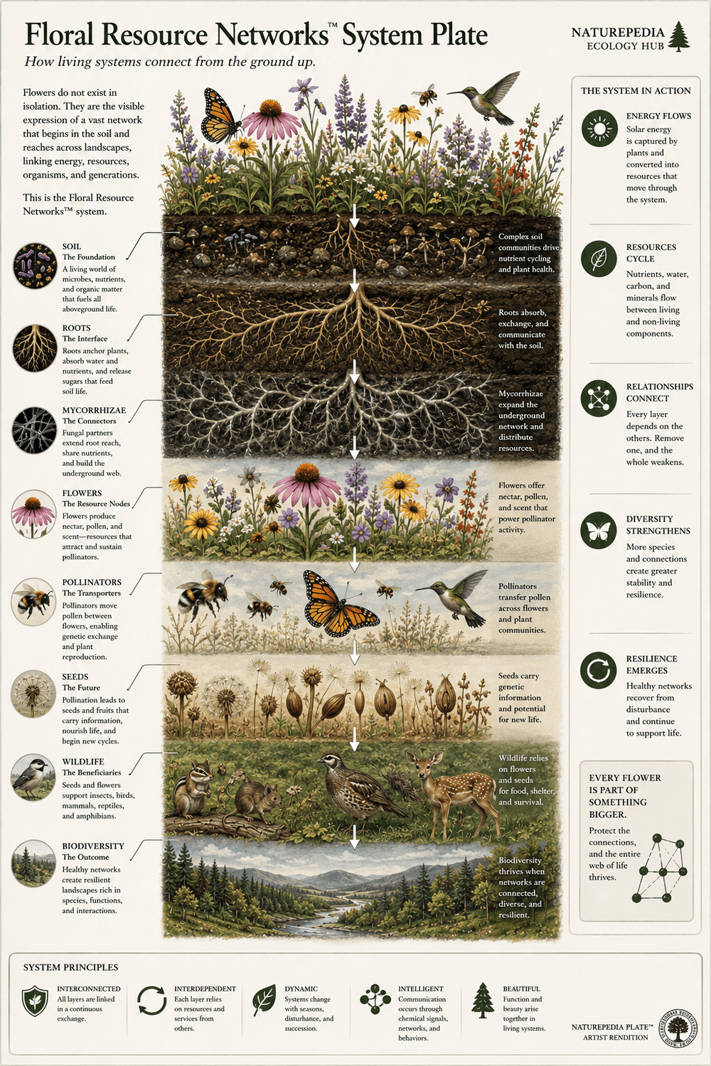 Floral Resource Networks System Plate showing ecological connections from soil and roots to pollinators and biodiversity