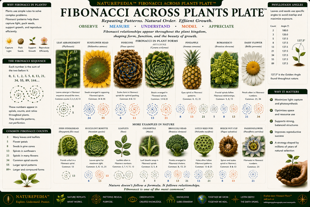 Fibonacci Across Plants Plate illustrating flowers, leaves, stems, pinecones, pineapples, succulents, artichokes, botanical spirals, and recurring Fibonacci relationships throughout plant growth.