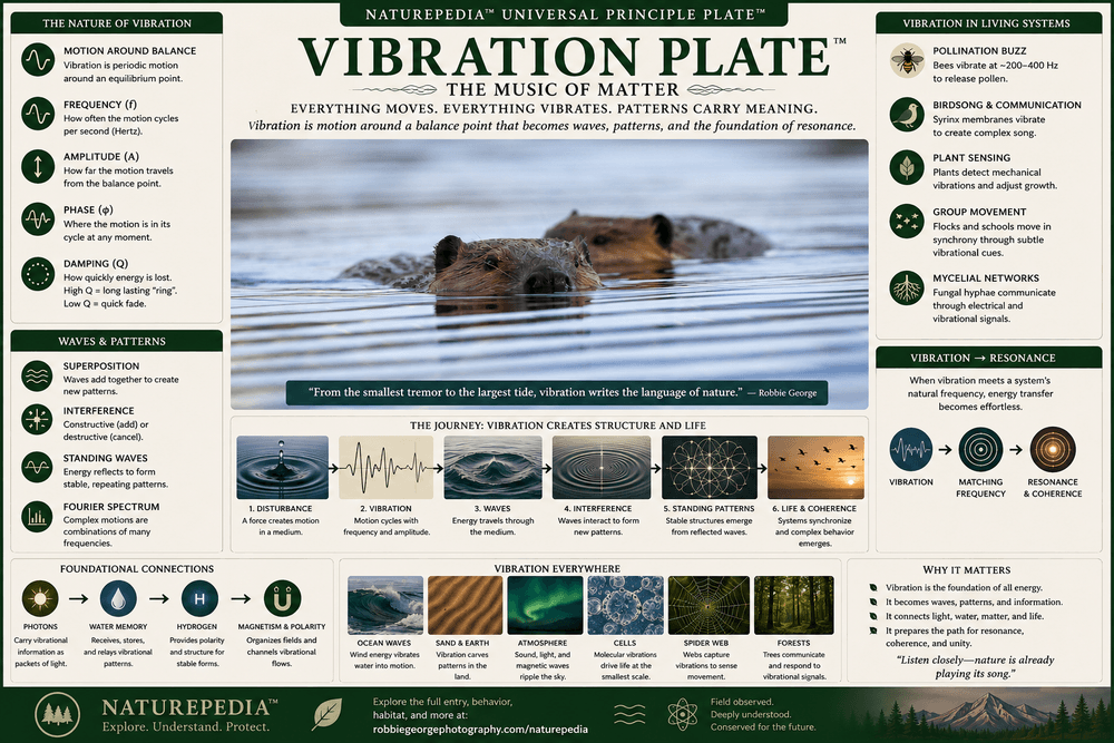 Vibration Plate showing beavers swimming through rippled water with diagrams of frequency, amplitude, phase, waves, interference, resonance, living systems, and Naturepedia connections by Robbie George