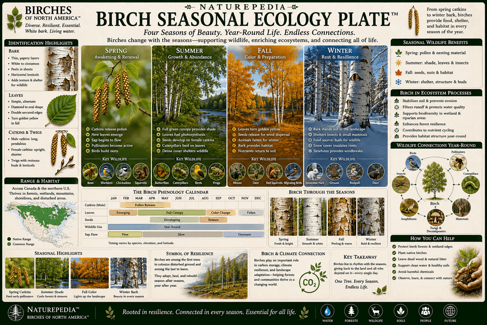 Birch Seasonal Ecology Plate showing spring catkins, summer leaves, autumn color, winter bark, seeds, and seasonal wildlife habitat by Robbie George