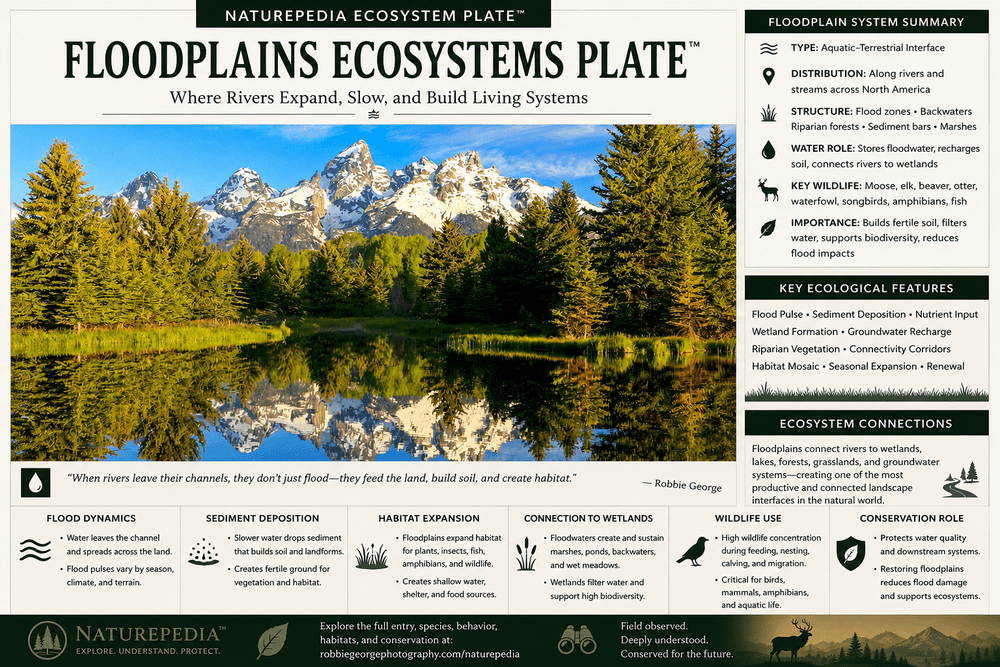 Floodplains Ecosystems Plate showing river expansion, wetland formation, sediment deposition, wildlife use, riparian habitat, and Naturepedia water system connections by Robbie George