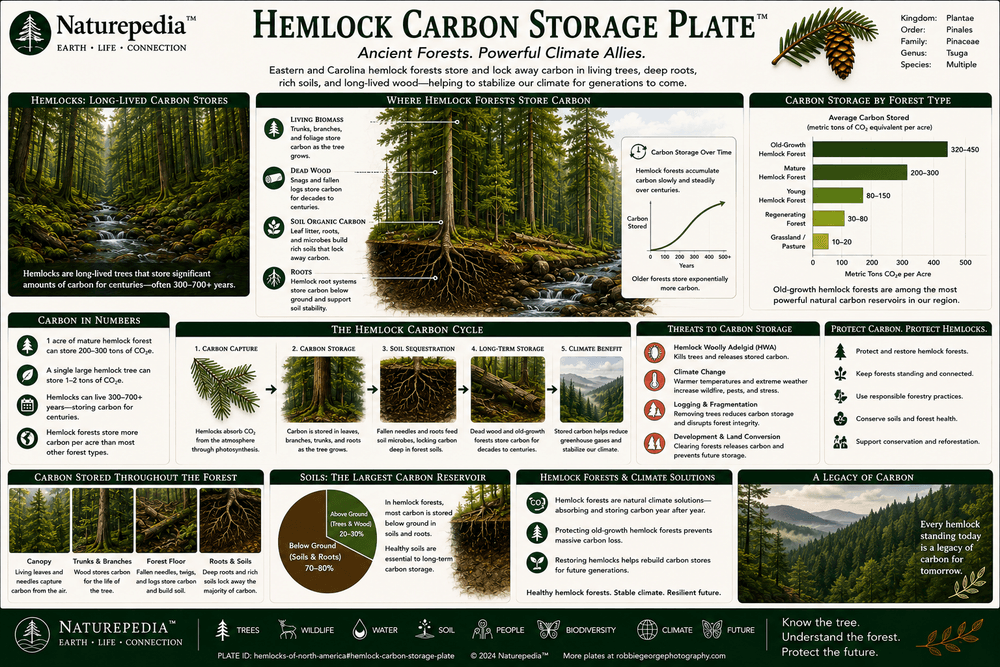 Hemlock Carbon Storage Plate showing hemlock biomass, evergreen needles, roots, shaded soils, forest litter, mycorrhizal networks, old-growth structure, moisture retention, and climate resilience by Robbie George