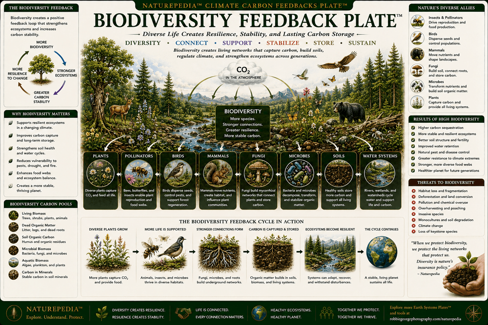 Biodiversity Feedback Plate showing forests, birds, mammals, insects, fungi, healthy soils, pollinators, and interconnected ecological relationships supporting climate resilience.