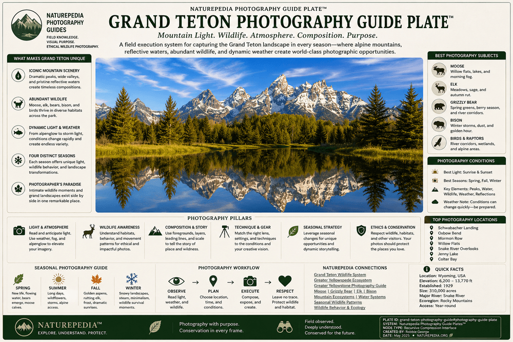 Grand Teton Photography Guide Plate showing mountain light, wildlife photography, landscape composition, seasonal timing, ethics, camera strategy, and Naturepedia photography guide intelligence by Robbie George