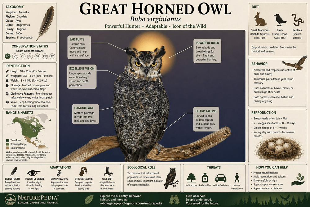 Great Horned Owl species plate showing habitat, diet, adaptations, behavior, conservation, and ecological role — Naturepedia Species Plate by Robbie George