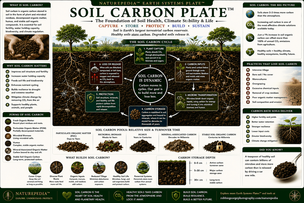 Soil Carbon Plate showing atmospheric carbon, photosynthesis, roots, microbes, organic matter, soil carbon storage, and ecosystem carbon cycling