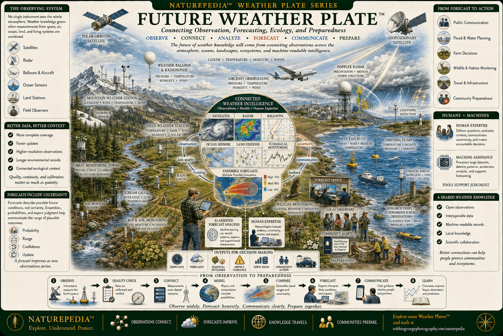 Future Weather Plate showing polar-orbiting and geostationary satellites, radar, weather balloons, aircraft observations, mountain and field weather stations, ocean buoys, coastal gauges, forest and soil sensors, wildlife monitoring, AI-assisted forecast analysis, human expertise, public communication, and community preparedness.
