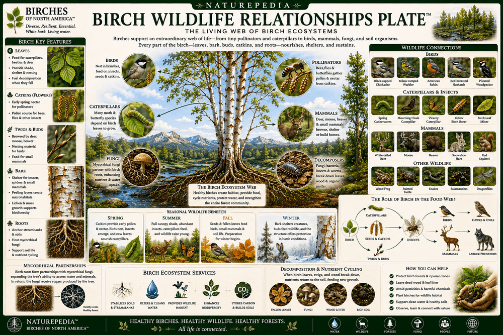 Birch Wildlife Relationships Plate showing birds, mammals, insects, fungi, bark habitat, seeds, shelter, and forest food webs by Robbie George