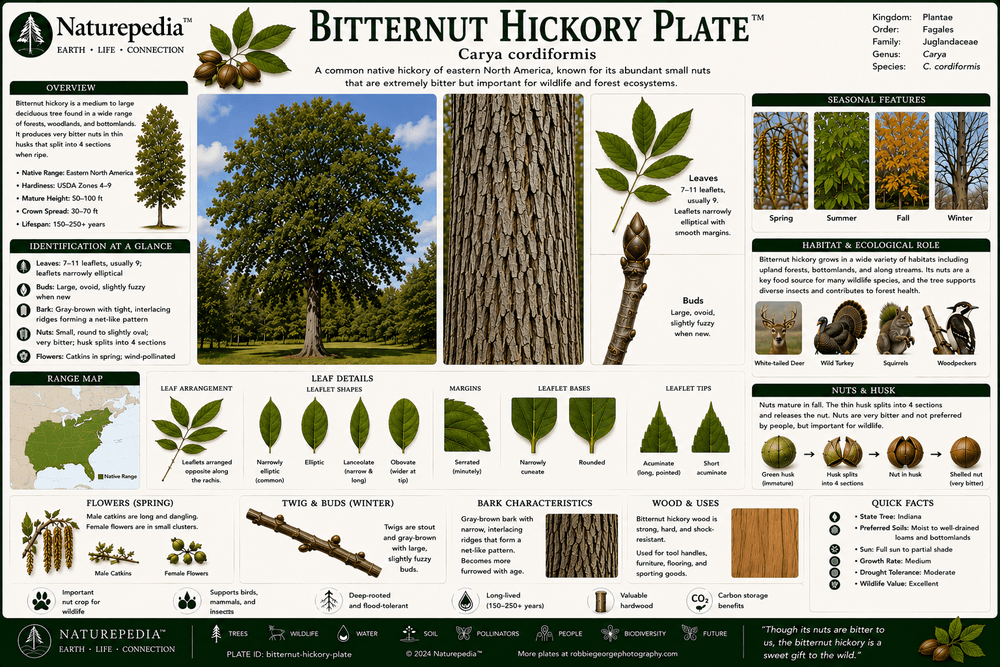 Bitternut Hickory Plate showing yellow buds, leaves, bark, floodplain habitat, wildlife relationships, and hardwood forest ecology by Robbie George