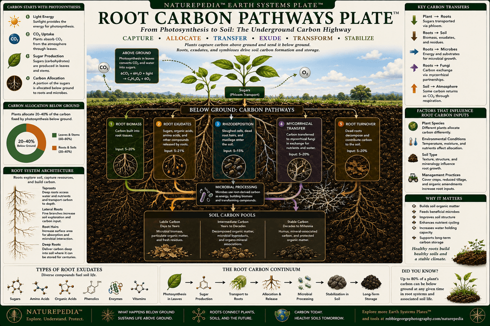Root Carbon Pathways Plate showing photosynthesis, root exudates, rhizosphere carbon, microbial partnerships, root biomass, soil carbon inputs, and belowground carbon flow.