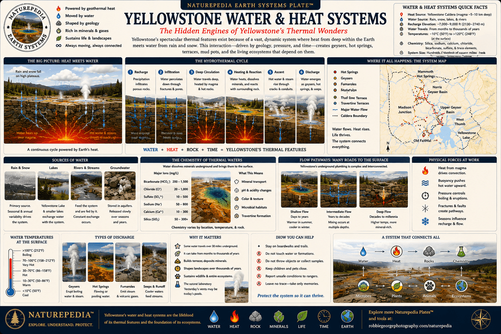 Yellowstone Water and Heat Systems Plate showing groundwater movement, geothermal heat, hydrothermal circulation, mineral transport, steam generation, and Yellowstone Earth systems by Robbie George