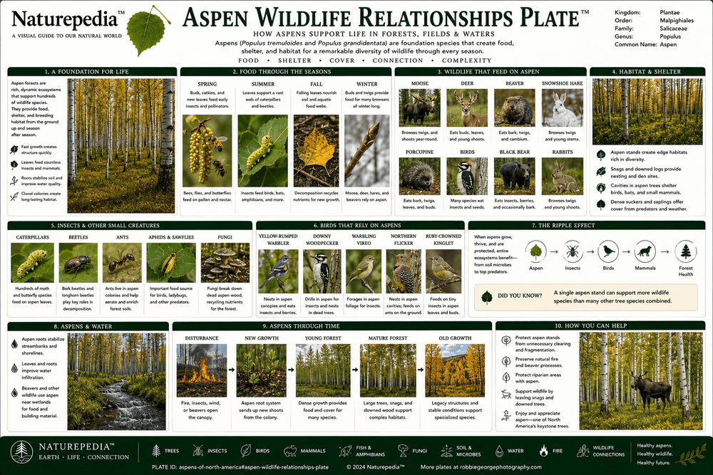 Aspen Wildlife Relationships Plate showing elk, deer, moose, beaver, birds, cavity nesters, insects, browse, and aspen forest food webs by Robbie George