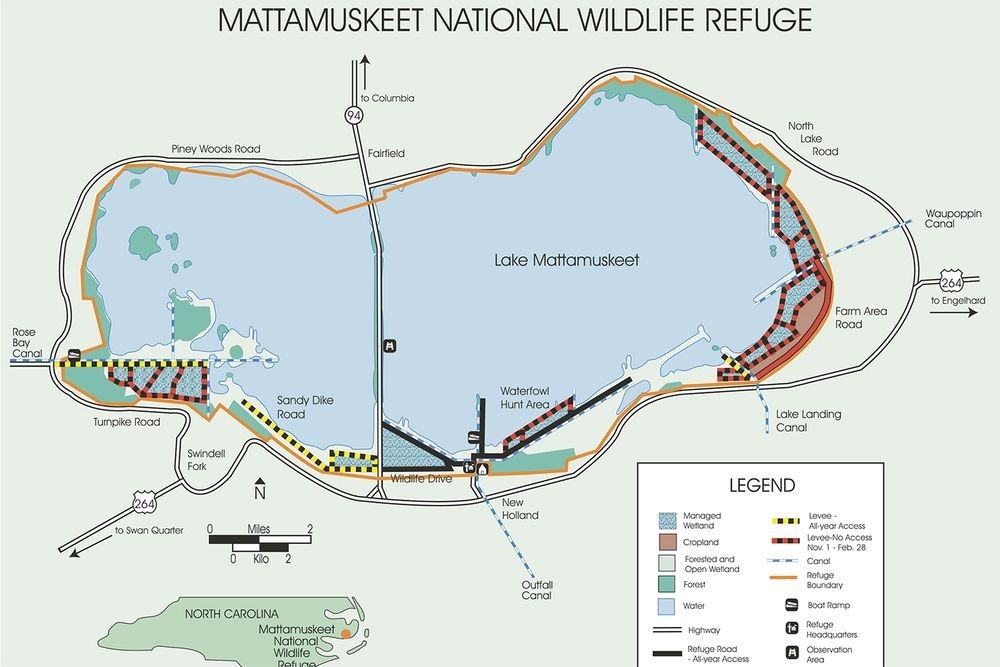 Map of Lake Mattamuskeet National Wildlife Refuge showing roads, canals, wildlife drive, and observation areas in North Carolina