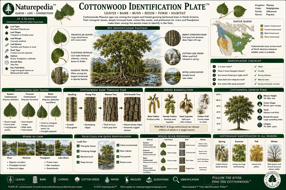 Cottonwood Identification Plate showing cottonwood leaves, bark, seeds, growth form, riverbank habitat, floodplain forests, and field marks by Robbie George