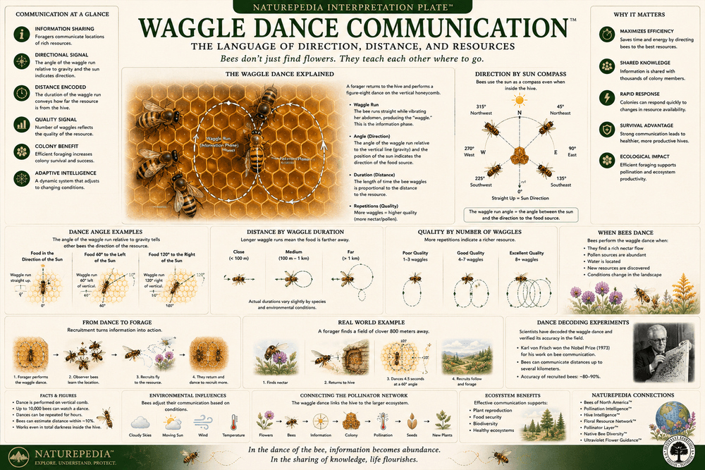 Waggle Dance Communication Plate showing bee communication, directional signaling, flower mapping, navigation, and collective intelligence by Robbie George