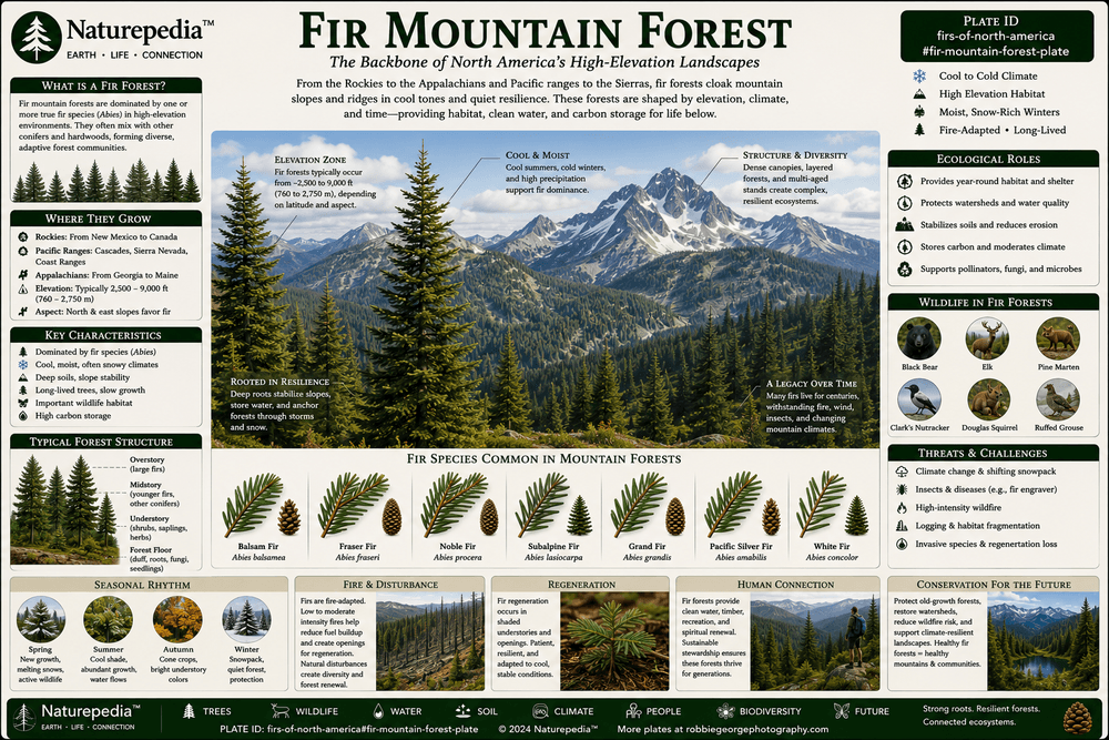 Fir Mountain Forest Plate showing mountain forests, elevation gradients, wildlife habitat, watershed protection, alpine transitions, and high elevation fir ecosystems by Robbie George