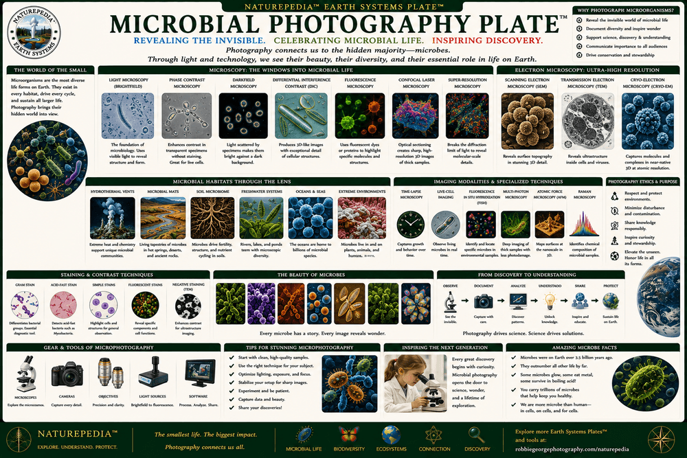 Microbial Photography Plate showing geothermal microbial mats, thermal ecosystems, biofilms, microscopy, and microbial landscape photography