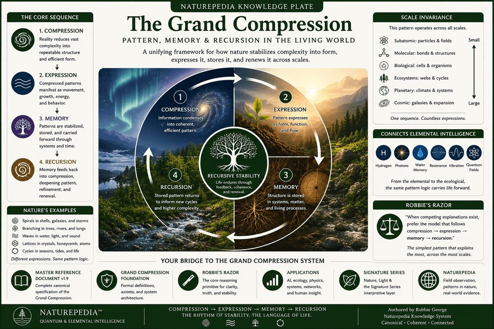 The Grand Compression Naturepedia Knowledge Plate showing compression expression memory recursion natural patterns scale invariance elemental intelligence Robbie's Razor Naturepedia and canonical Grand Compression system connections by Robbie George
