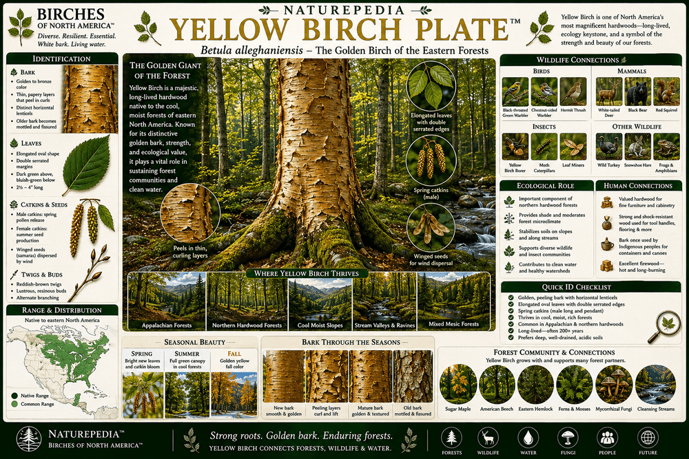 Yellow Birch Plate showing golden bark, mature forests, Appalachian ecology, moist forest habitat, and succession relationships by Robbie George