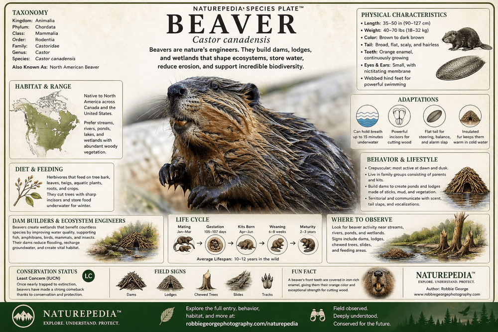 Beaver in wetland habitat with annotated species plate showing dam-building behavior, adaptations, diet, field signs, and ecological role — Naturepedia Species Plate by Robbie George