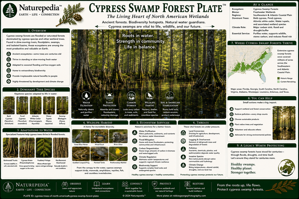 Cypress Swamp Forest Plate showing cypress swamps, floodplain forests, standing water, knees, buttressed trunks, wetland soils, tupelo associations, and southern swamp ecology by Robbie George